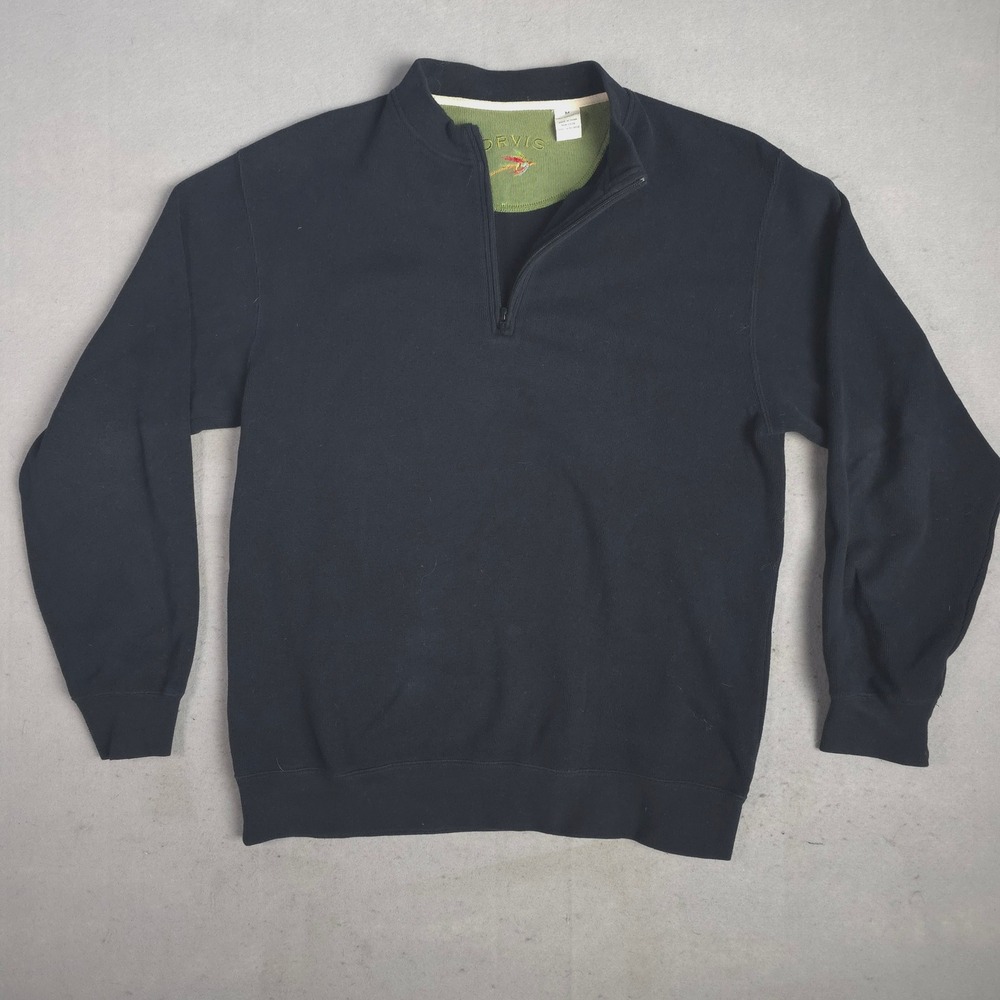 ORVIS Mens Black 100% Cotton 1/4 Zip Pullover‎ Sweatshirt Size M Embroidered